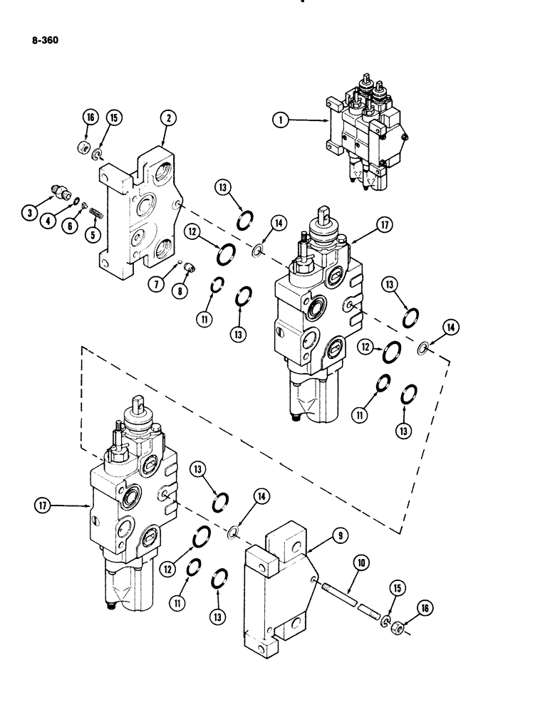 Схема запчастей Case IH 2294 - (8-360) - REMOTE HYDRAULICS, CONTROL VALVE ASSEMBLY, 2 SECTION WITHOUT LOAD CHECK, TRANS. S/N 16229981 & AFTER (08) - HYDRAULICS