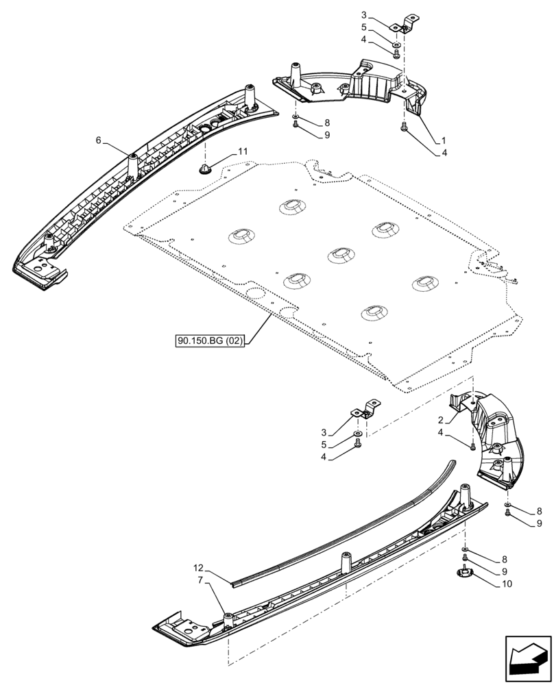 Схема запчастей Case IH FARMALL 75C - (90.150.BG[03]) - VAR - 333606, 334183, 334211, 335629, 743496 - CAB ROOF, PANEL, W/ HIGH VISIBILITY PANEL (90) - PLATFORM, CAB, BODYWORK AND DECALS