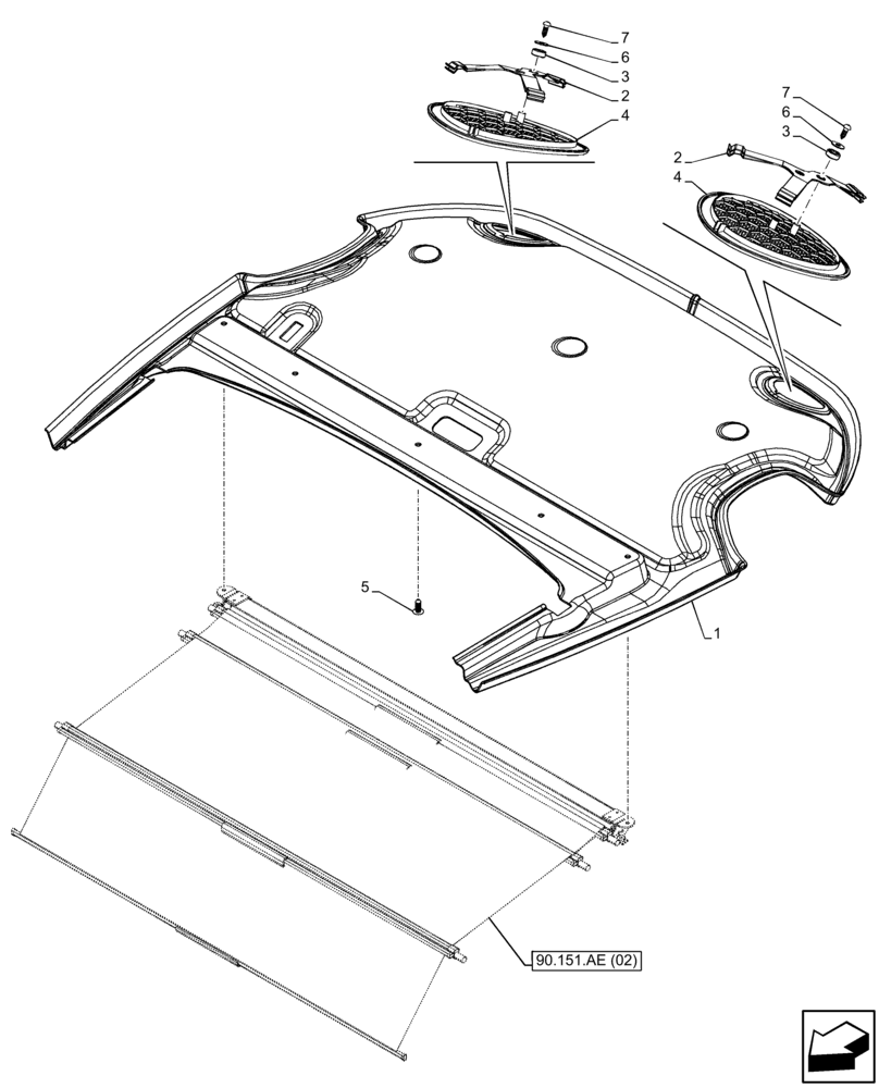 Схема запчастей Case IH FARMALL 65C - (90.160.AX[02]) - VAR - 333606, 334183, 334211, 335629, 743496 - CAB HEADLINER, W/ HIGH VISIBILITY PANEL (90) - PLATFORM, CAB, BODYWORK AND DECALS