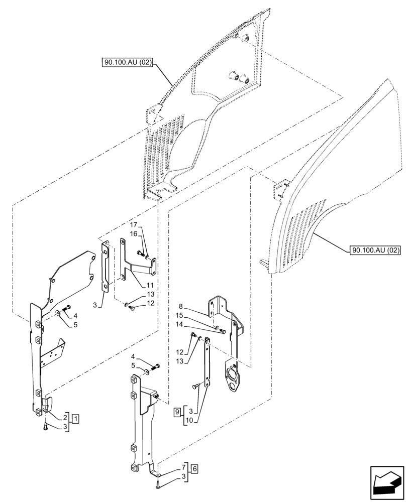 Схема запчастей Case IH FARMALL 75C - (90.102.BT) - VAR - 330505, 330507, 330512, 330843, 332501, 390500 - SIDE PANEL, SUPPORT (90) - PLATFORM, CAB, BODYWORK AND DECALS