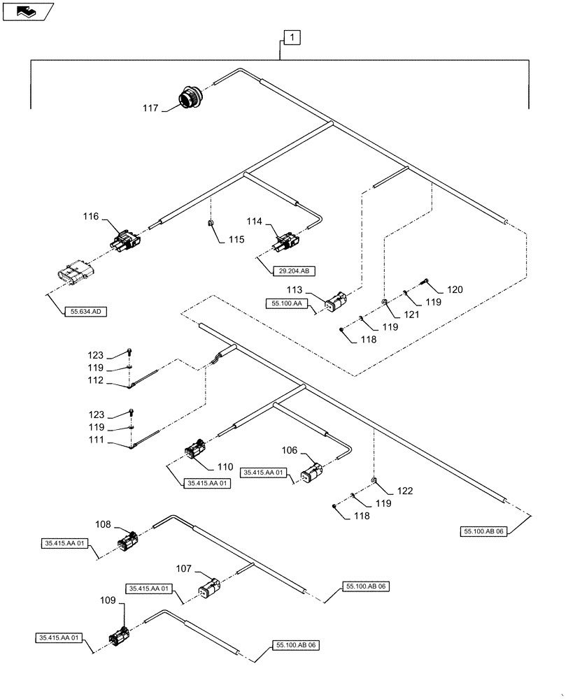 Схема запчастей Case IH WD1203 - (55.100.AB[07]) - WIRE HARNESS. FM, NON-DRAPER OPTION (CONT.) (55) - ELECTRICAL SYSTEMS