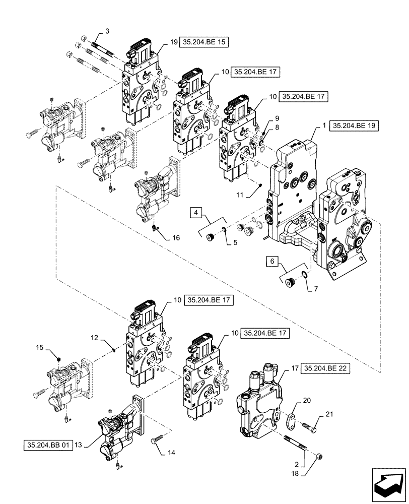 Схема запчастей Case IH STEIGER 470 - (35.204.BE[07]) - AUXILIARY CONTROL VALVE, 5-SPOOL, WITH 3 POINT HITCH (35) - HYDRAULIC SYSTEMS