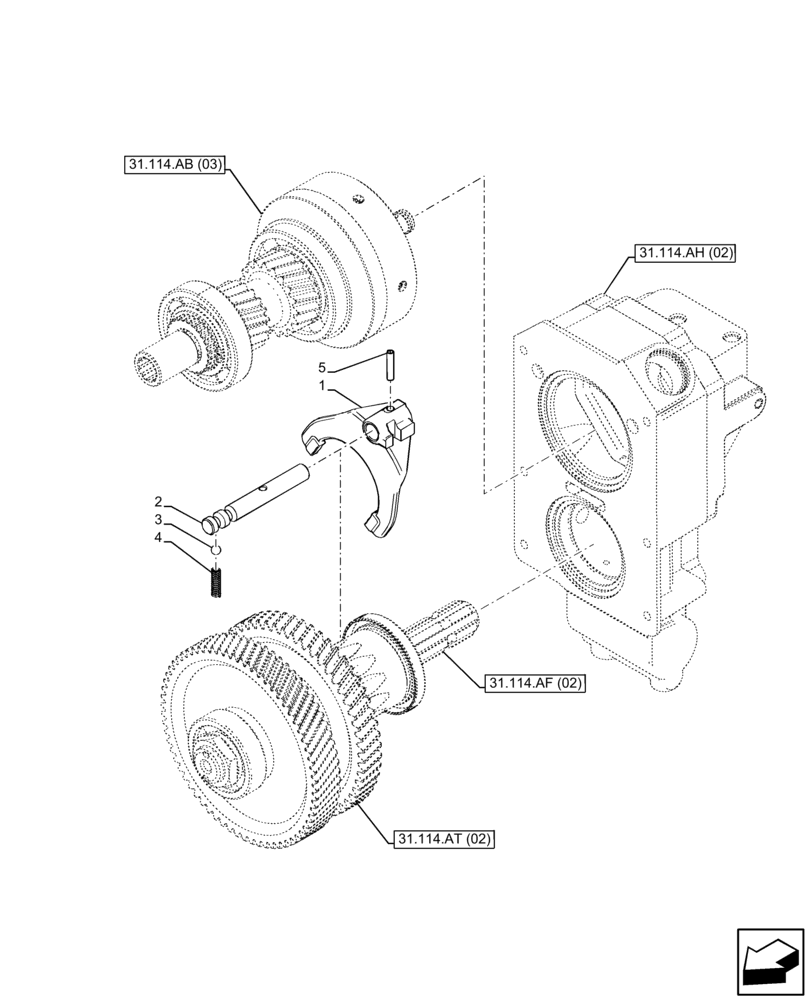 Схема запчастей Case IH FARMALL 95C - (31.114.AB[04]) - VAR - 743566 - PTO, DRIVEN SHAFT, FORK (540/540E RPM, POWERSHUTTLE) (31) - IMPLEMENT POWER TAKE OFF