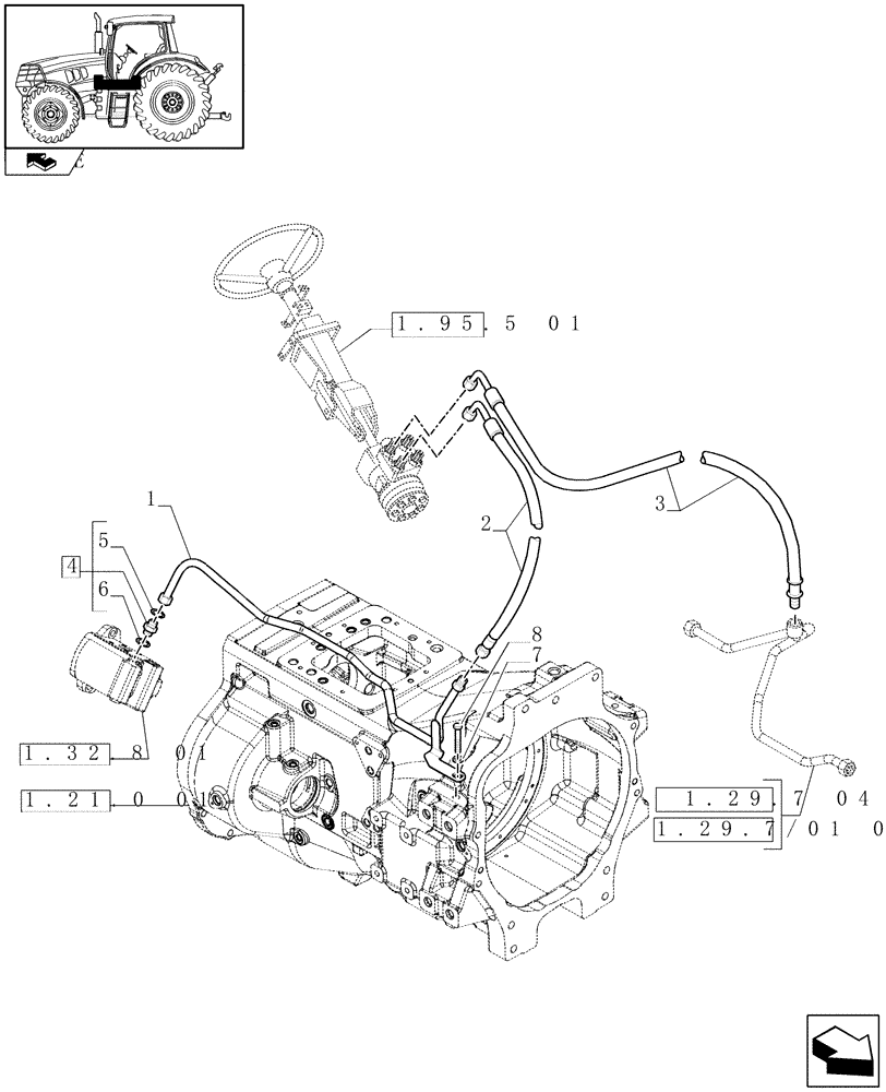 Схема запчастей Case IH PUMA 125 - (1.42.0[03]) - POWER STEERING DELIVERY AND RETURN PIPES (04) - FRONT AXLE & STEERING