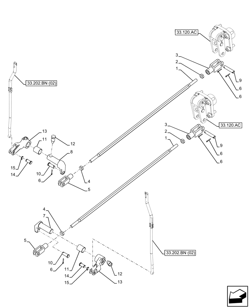 Схема запчастей Case IH FARMALL 75C - (33.120.AD[01]) - VAR - 332808, 392808, 743565 - BRAKE, CONTROL, LINKAGE, W/O CAB (33) - BRAKES & CONTROLS