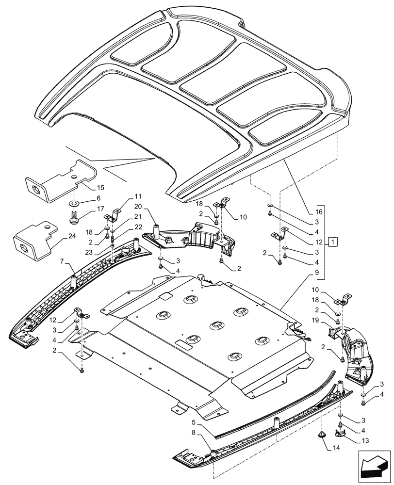 Схема запчастей Case IH FARMALL 75C - (90.150.BG[01]) - VAR - 332606, 335632, 391606, 743573, 744588 - CAB ROOF (90) - PLATFORM, CAB, BODYWORK AND DECALS