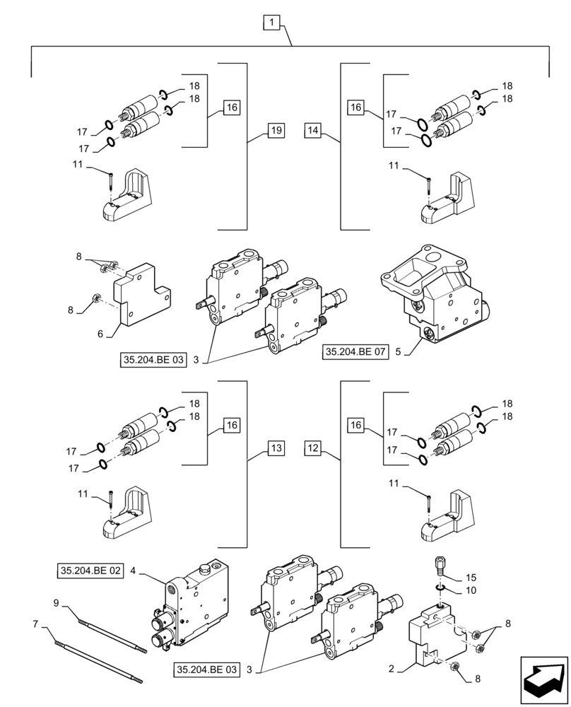 Схема запчастей Case IH PUMA 2304 - (35.204.BE[09]) - 4 X MECHANICAL CLOSED CENTER REMOTES (35) - HYDRAULIC SYSTEMS