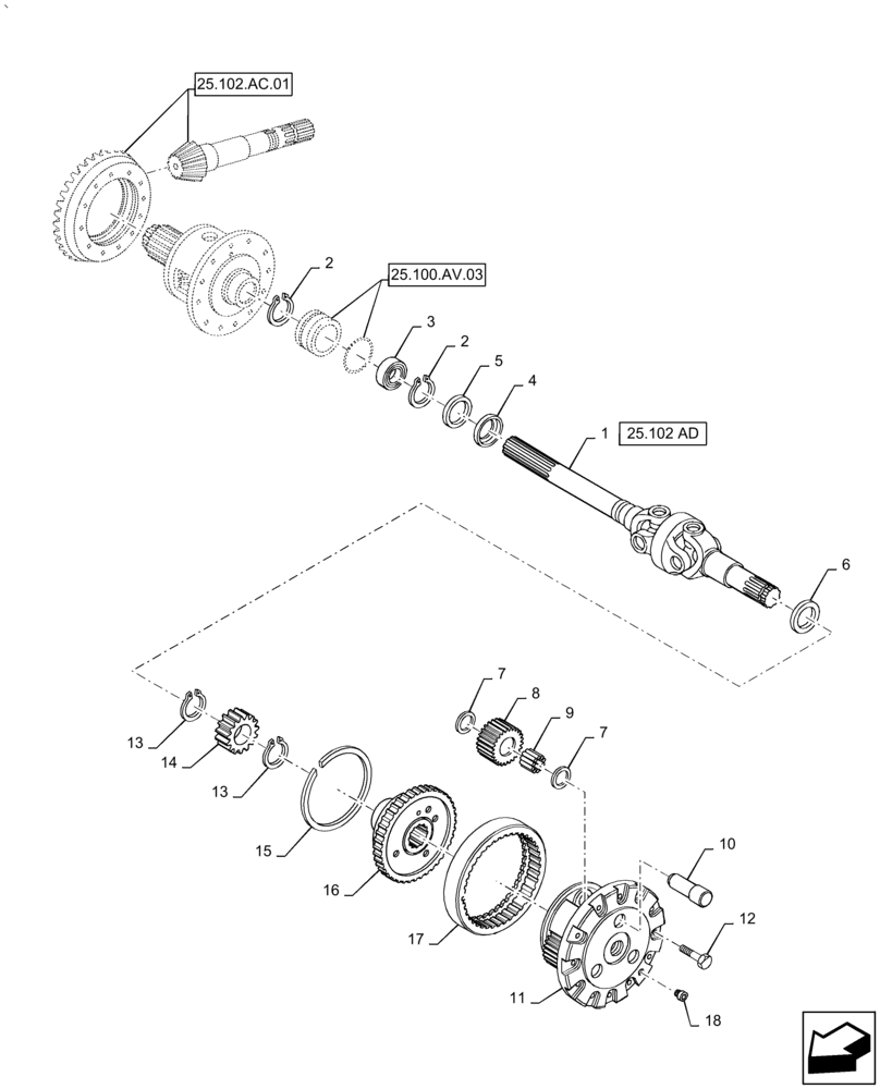 Схема запчастей Case IH PUMA 2304 - (25.102.AC[04]) - FRONT AXLE - DIFFERENTIAL GEARS AND DIFFERENTIAL SHAFT (25) - FRONT AXLE SYSTEM