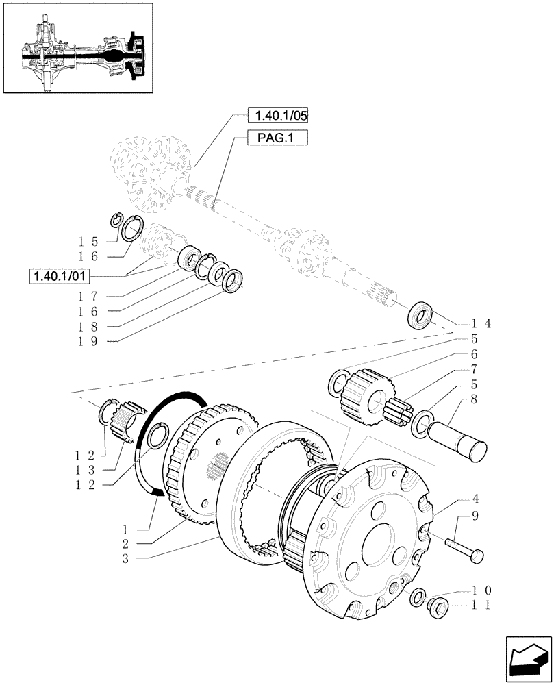 Схема запчастей Case IH JX1090U - (1.40. 1/06[02]) - (VAR.039) STANDARD - FRONT AXLE - GEARS AND DIFFERENTIAL SHAFT - 4WD - C4998 (04) - FRONT AXLE & STEERING