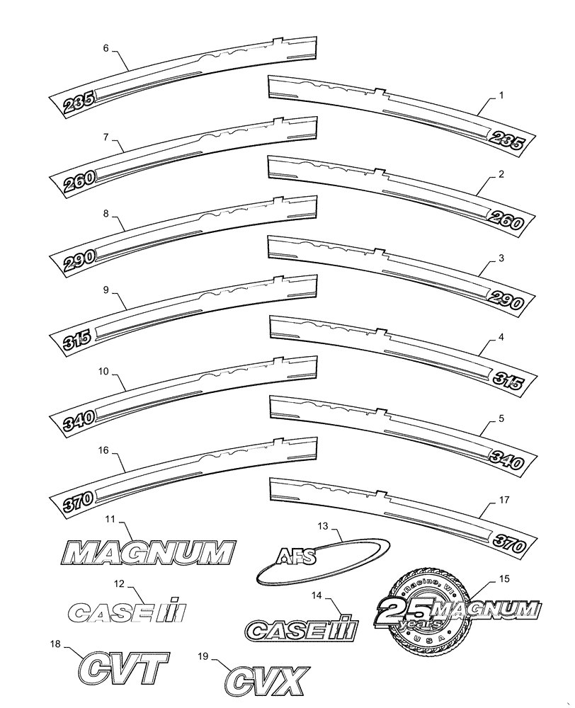 Схема запчастей Case IH MAGNUM 370 - (90.108.AB[01]) - DECALS MODEL AND BRAND (90) - PLATFORM, CAB, BODYWORK AND DECALS