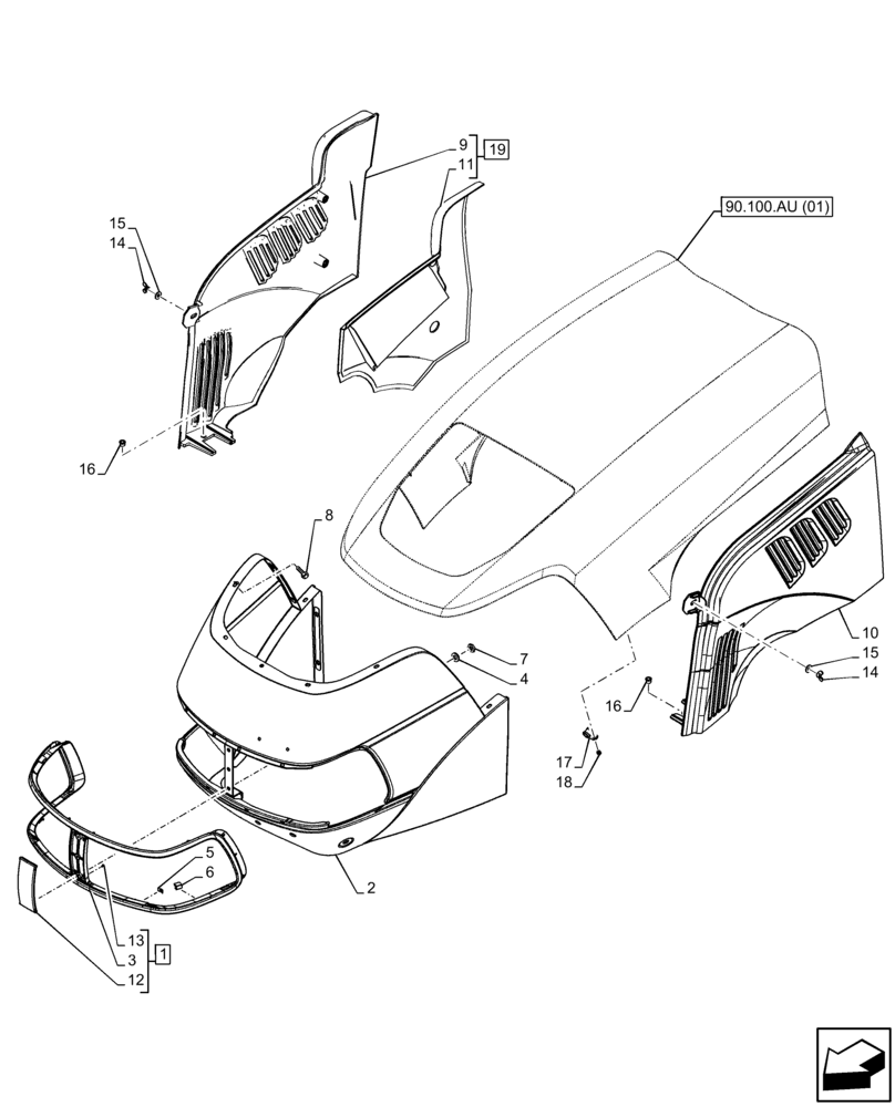 Схема запчастей Case IH FARMALL 65C - (90.100.AU[05]) - VAR - 332501 - HOOD, GRILLE, SIDE PANEL (EXHAUST SYSTEM, HORIZONTAL) (90) - PLATFORM, CAB, BODYWORK AND DECALS