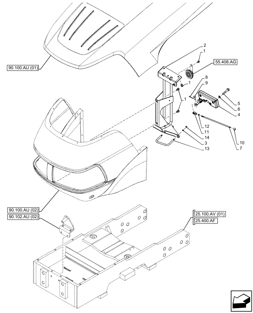 Схема запчастей Case IH FARMALL 65C - (90.102.AU[01]) - VAR - 332501, 390500 - HOOD, LATCH (90) - PLATFORM, CAB, BODYWORK AND DECALS