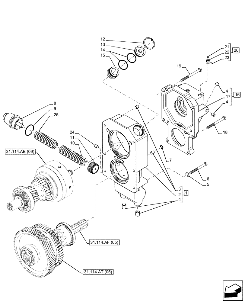 Схема запчастей Case IH FARMALL 85C - (31.114.AH[05]) - VAR - 743594 - PTO, COVER (540/1000 RPM, POWERSHUTTLE) (31) - IMPLEMENT POWER TAKE OFF