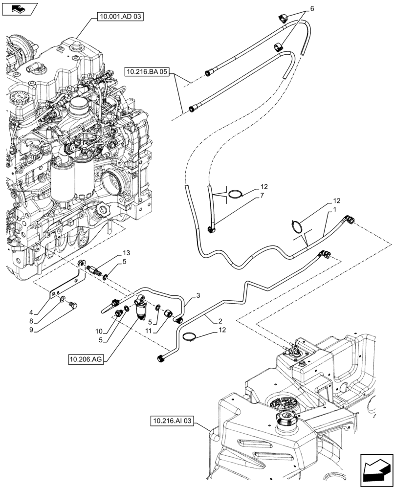 Схема запчастей Case IH MAXXUM 110 - (10.216.BA[03]) - FUEL LINE (VAR.331170) (10) - ENGINE