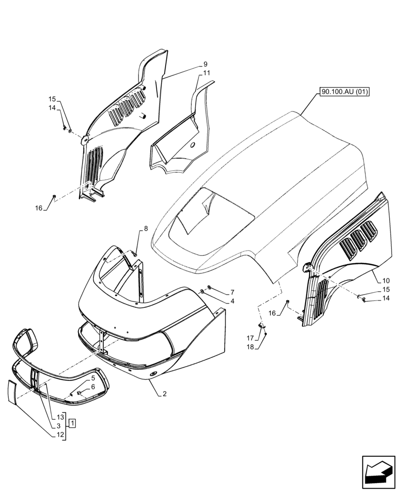 Схема запчастей Case IH FARMALL 75C - (90.100.AU[02]) - VAR - 390500 - HOOD, GRILLE, SIDE PANEL (90) - PLATFORM, CAB, BODYWORK AND DECALS