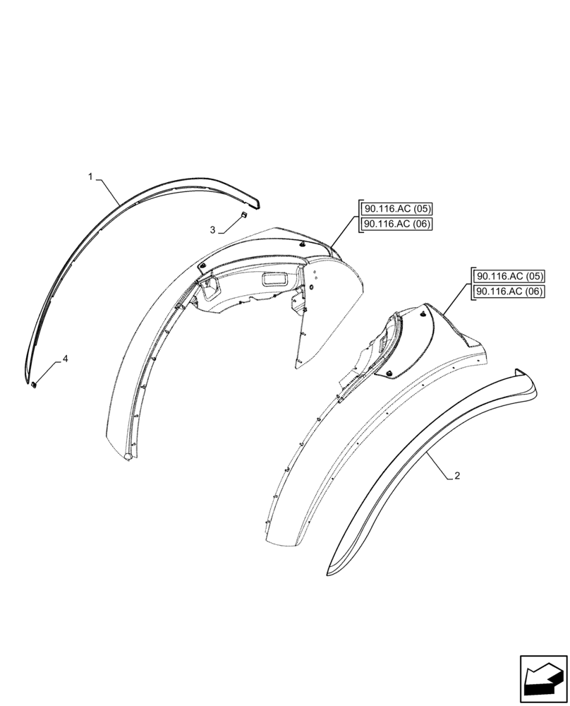 Схема запчастей Case IH FARMALL 65C - (90.116.AC[07]) - VAR - 335622, 335624, 744599 - REAR FENDER EXTENSION, WIDE 150 MM (90) - PLATFORM, CAB, BODYWORK AND DECALS