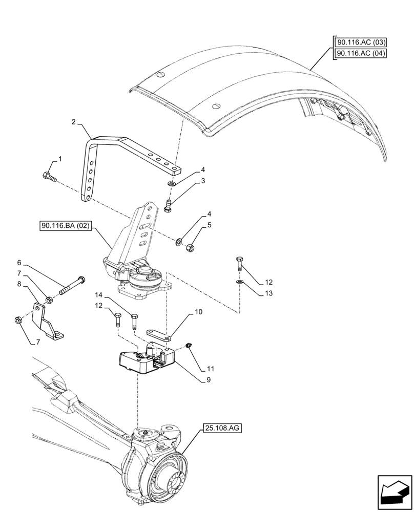 Схема запчастей Case IH FARMALL 75C - (90.116.BA [03]) - VAR - 338486, 744674 - DYNAMIC FRONT FENDER, SUPPORT (310MM) (90) - PLATFORM, CAB, BODYWORK AND DECALS