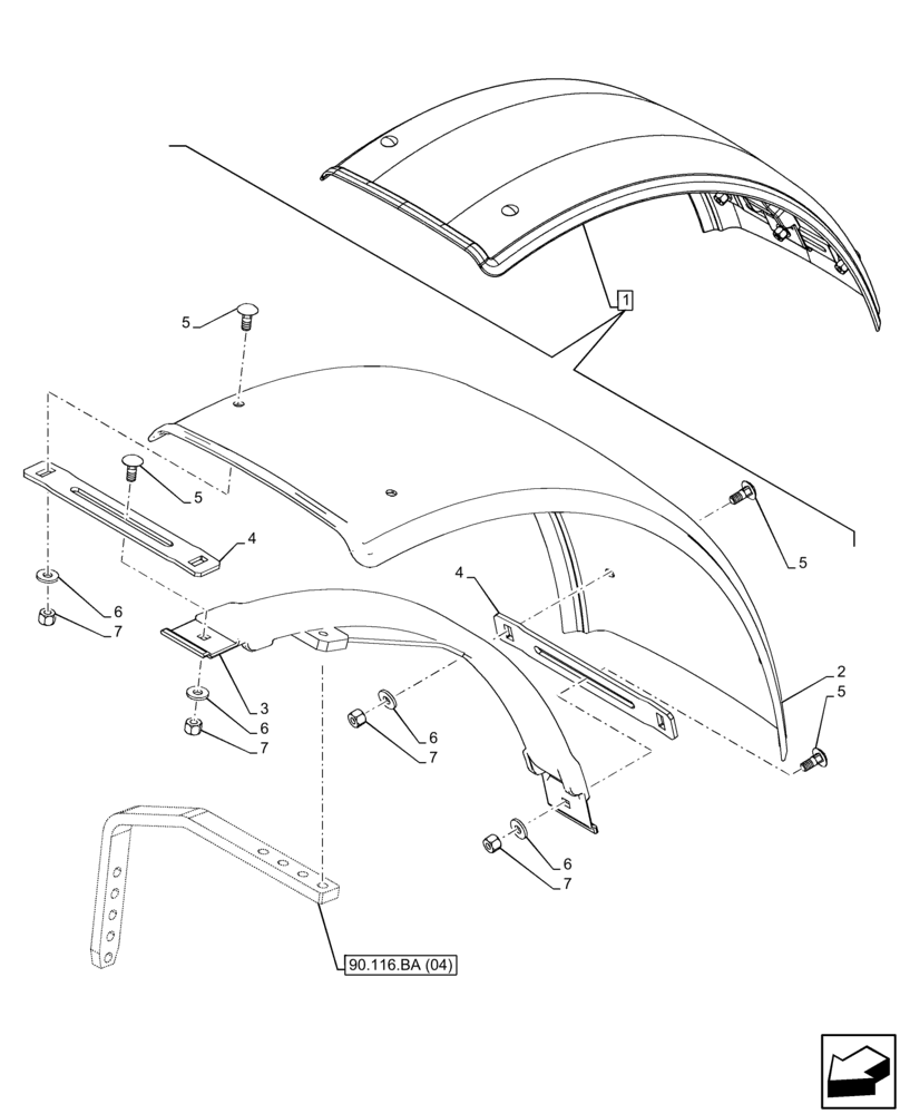 Схема запчастей Case IH FARMALL 65C - (90.116.AC[04]) - VAR - 330486, 744674 - DYNAMIC FRONT FENDER (400MM) (90) - PLATFORM, CAB, BODYWORK AND DECALS