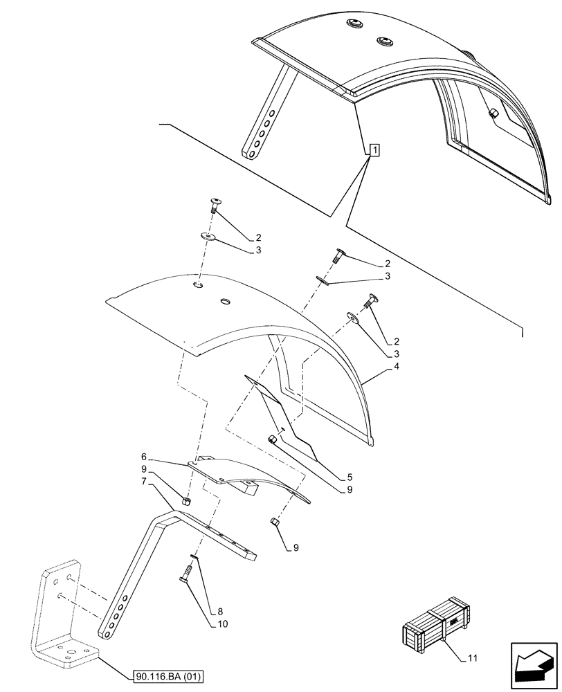 Схема запчастей Case IH FARMALL 65C - (90.116.AC[02]) - VAR - 330485, 744673 - FRONT FENDER (400MM) (90) - PLATFORM, CAB, BODYWORK AND DECALS