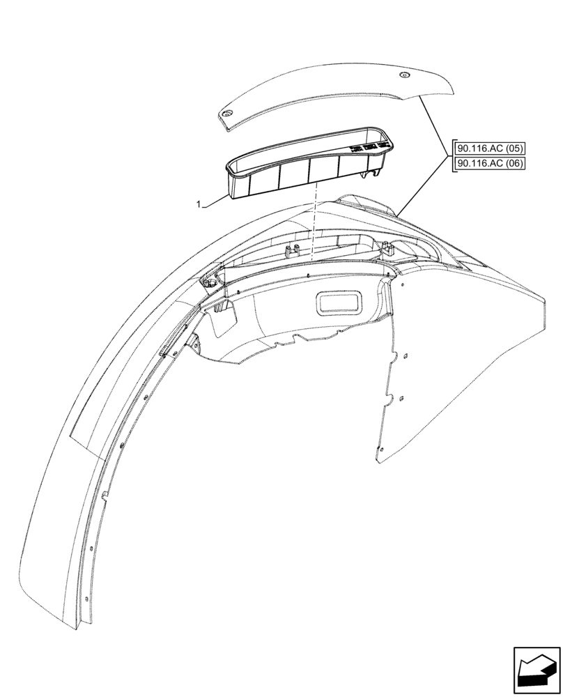 Схема запчастей Case IH FARMALL 65C - (90.116.AC[09]) - VAR - 332998, 334998, 335645, 744622 - REAR FENDER, CONTAINER, W/O CAB (90) - PLATFORM, CAB, BODYWORK AND DECALS