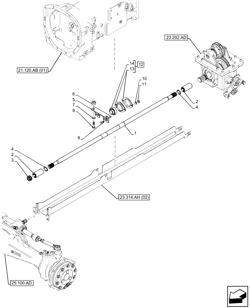 Схема запчастей Case IH FARMALL 65C - (23.314.AH[01]) - VAR - 390448, 743558, 340559 - 4WD DRIVESHAFT FOR FIXED FRONT AXLE (23) - FOUR WHEEL DRIVE SYSTEM