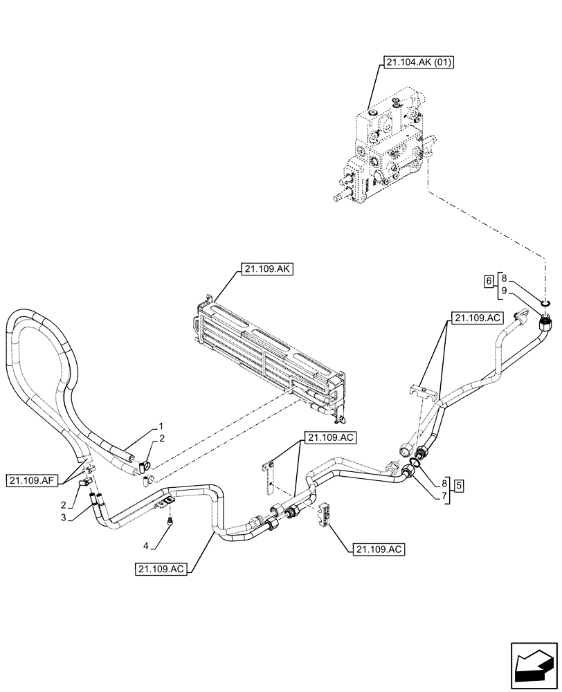 Схема запчастей Case IH FARMALL 65C - (21.109.AF) - VAR - 339823, 743563 - OIL COOLER, POWERSHUTTLE, RETURN LINE (21) - TRANSMISSION