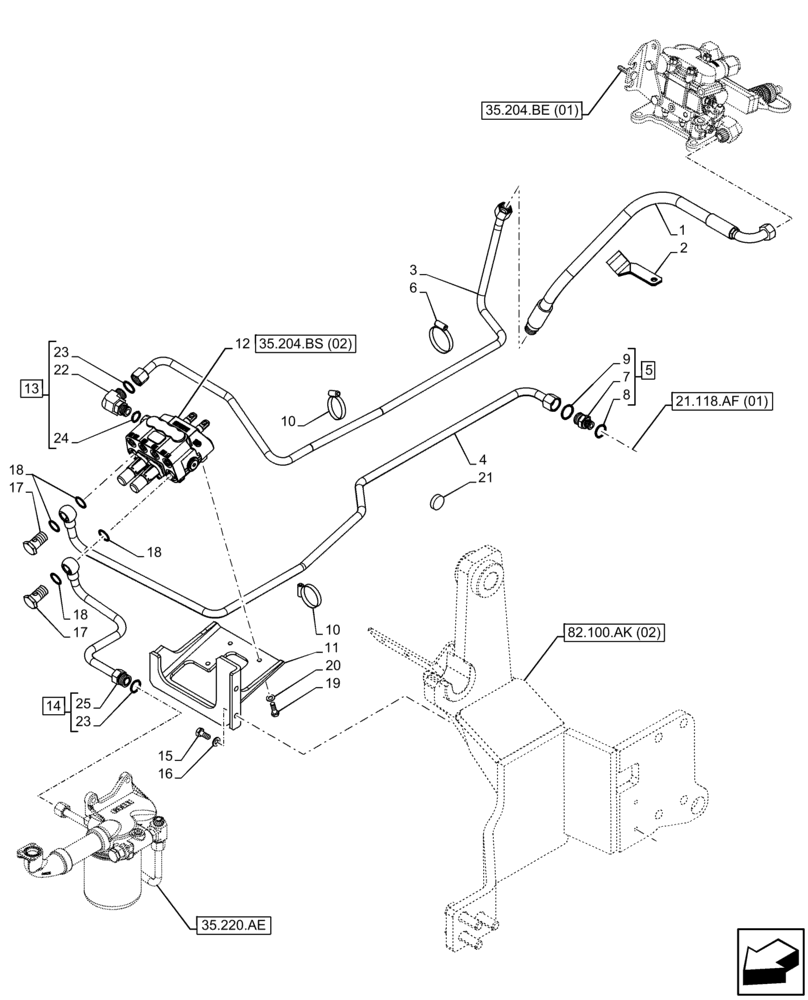 Схема запчастей Case IH FARMALL 65C - (35.204.BS[01]) - VAR - 336125, 338125, 336780 - MID MOUNT VALVE KIT, BRACKET, LINES (35) - HYDRAULIC SYSTEMS