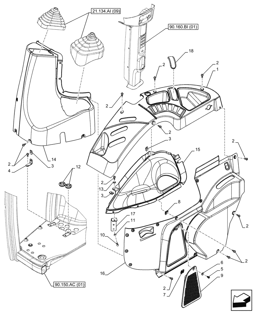 Схема запчастей Case IH FARMALL 65C - (90.160.BL[01]) - VAR - 390124 - CAB INTERIOR TRIM, RIGHT SIDE, W/O MID MOUNT VALVES (90) - PLATFORM, CAB, BODYWORK AND DECALS