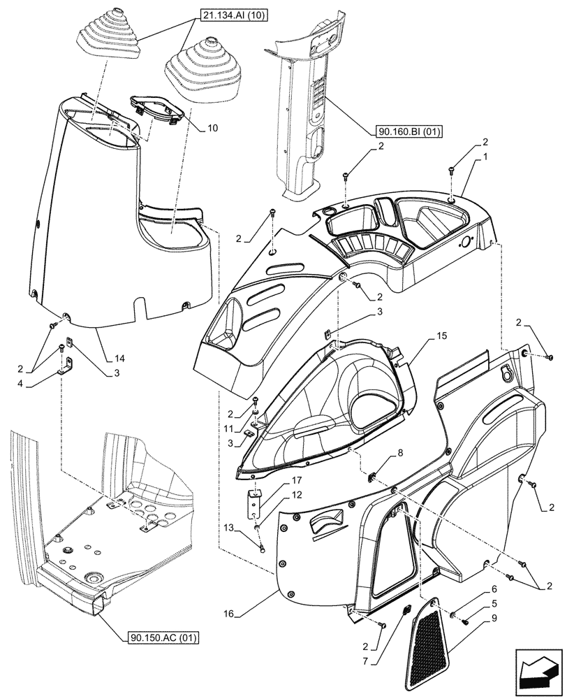 Схема запчастей Case IH FARMALL 65C - (90.160.BL[02]) - VAR - 336125, 338125, 336780 - CAB INTERIOR TRIM, RIGHT SIDE, W/ MID MOUNT VALVES (90) - PLATFORM, CAB, BODYWORK AND DECALS