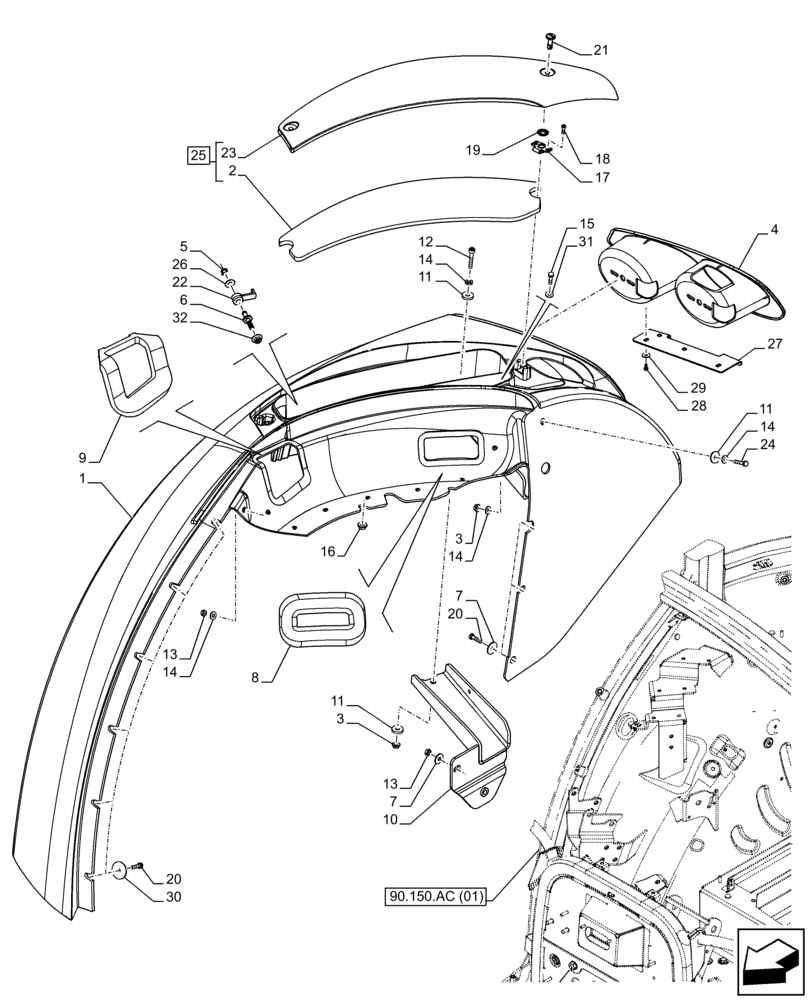 Схема запчастей Case IH FARMALL 65C - (90.116.AC[05]) - VAR - 743599, 744599 - REAR FENDER, CAB (90) - PLATFORM, CAB, BODYWORK AND DECALS