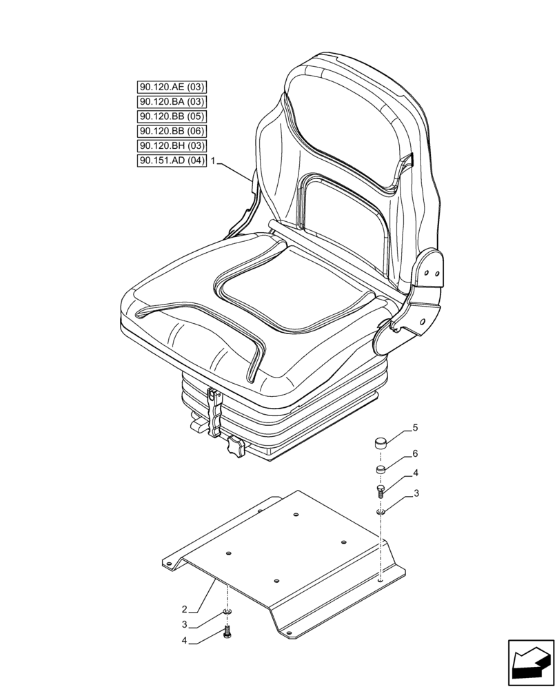 Схема запчастей Case IH FARMALL 75C - (90.120.AD[03]) - VAR - 390901 - DRIVER SEAT, W/O CAB (90) - PLATFORM, CAB, BODYWORK AND DECALS