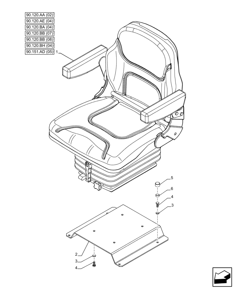 Схема запчастей Case IH FARMALL 65C - (90.120.AD[04]) - VAR - 331156 - DRIVER SEAT (W/ ARMREST), W/O CAB (90) - PLATFORM, CAB, BODYWORK AND DECALS