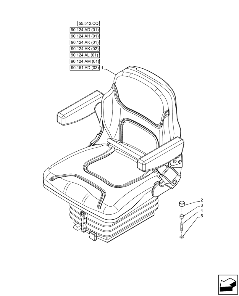 Схема запчастей Case IH FARMALL 65C - (90.124.AE[01]) - VAR - 331850 - DRIVER SEAT (W/ ARMREST), CAB (90) - PLATFORM, CAB, BODYWORK AND DECALS