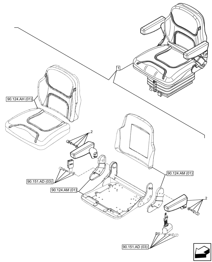 Схема запчастей Case IH FARMALL 65C - (90.124.AD[01]) - VAR - 331850 - DRIVER SEAT, ARMREST, CAB (90) - PLATFORM, CAB, BODYWORK AND DECALS