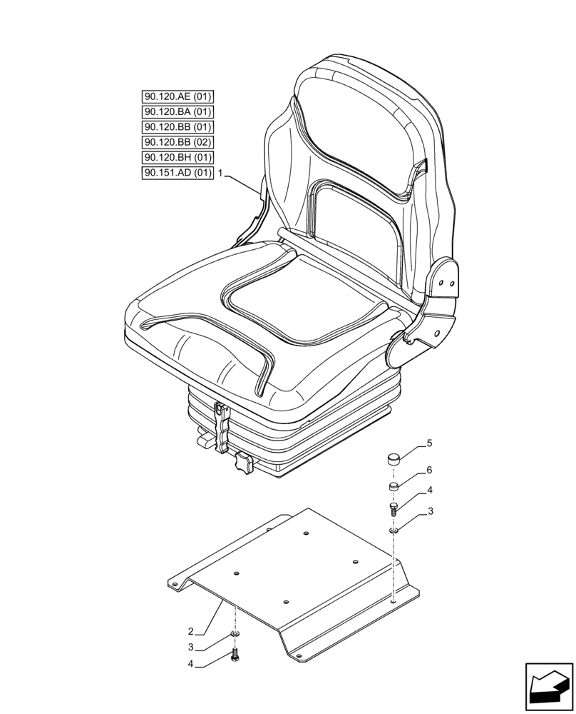 Схема запчастей Case IH FARMALL 65C - (90.120.AD[01]) - VAR - 391684 - DRIVER SEAT, CAB (90) - PLATFORM, CAB, BODYWORK AND DECALS