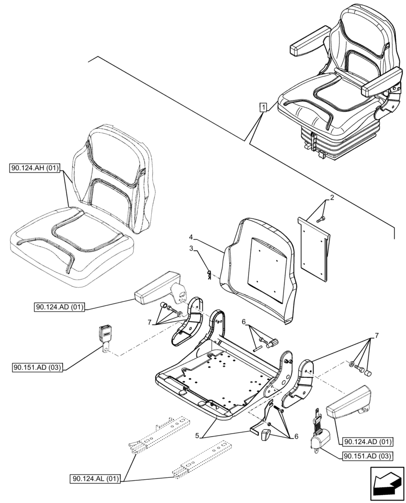 Схема запчастей Case IH FARMALL 75C - (90.124.AM[01]) - VAR - 331850 - DRIVER SEAT (W/ ARMREST), FRAME, CAB (90) - PLATFORM, CAB, BODYWORK AND DECALS