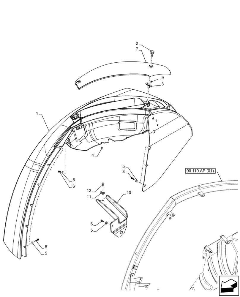 Схема запчастей Case IH FARMALL 75C - (90.116.AC[06]) - VAR - 335618, 335622, 390492, 743599, 744599 - REAR FENDER, W/O CAB (90) - PLATFORM, CAB, BODYWORK AND DECALS