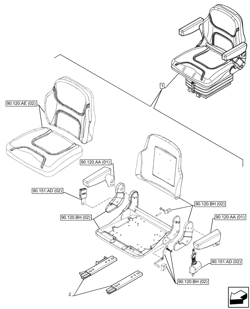 Схема запчастей Case IH FARMALL 75C - (90.120.BA[02]) - VAR - 331962, 743578 - DRIVER SEAT (W/ ARMREST), RAIL ASSY, CAB (90) - PLATFORM, CAB, BODYWORK AND DECALS