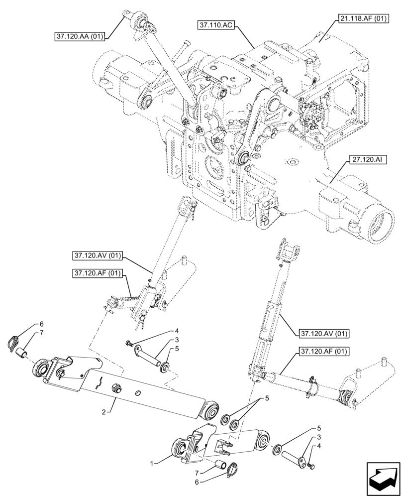 Схема запчастей Case IH FARMALL 65C - (37.120.AO[01]) - VAR - 391953, 743598 - LOWER LINK, ARM (37) - HITCHES, DRAWBARS & IMPLEMENT COUPLINGS