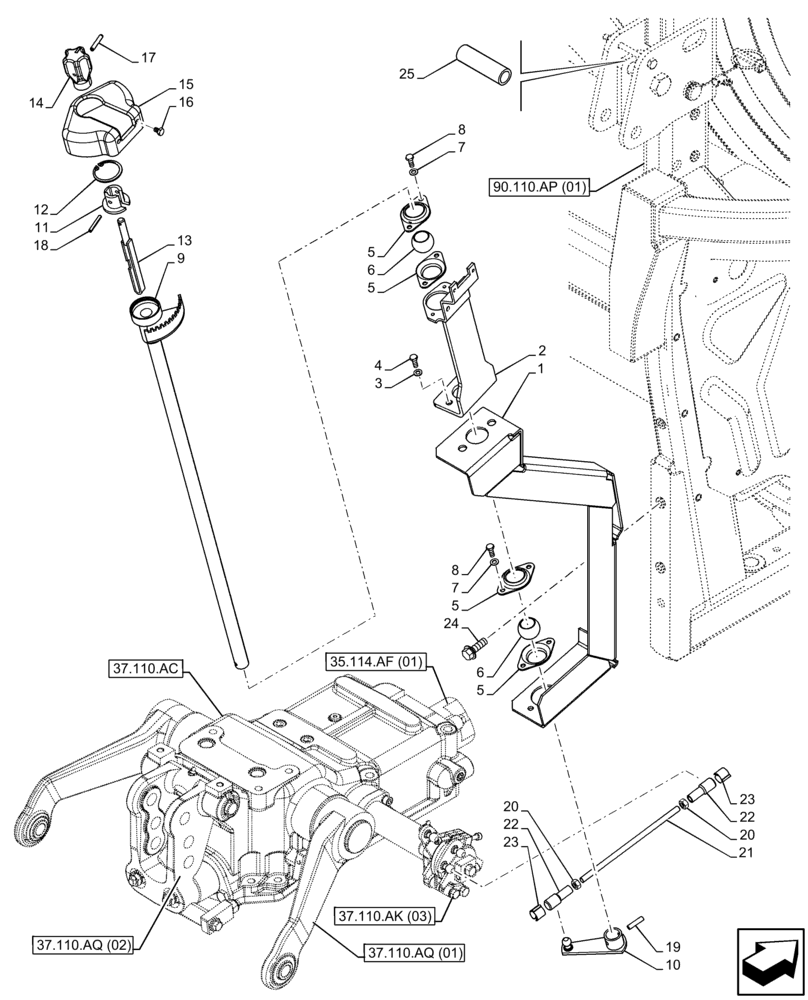 Схема запчастей Case IH FARMALL 75C - (37.108.AD[03]) - VAR - 332035 - HYDRAULIC LIFT, OUTSIDE, CONTROL LEVER, W/O CAB (37) - HITCHES, DRAWBARS & IMPLEMENT COUPLINGS