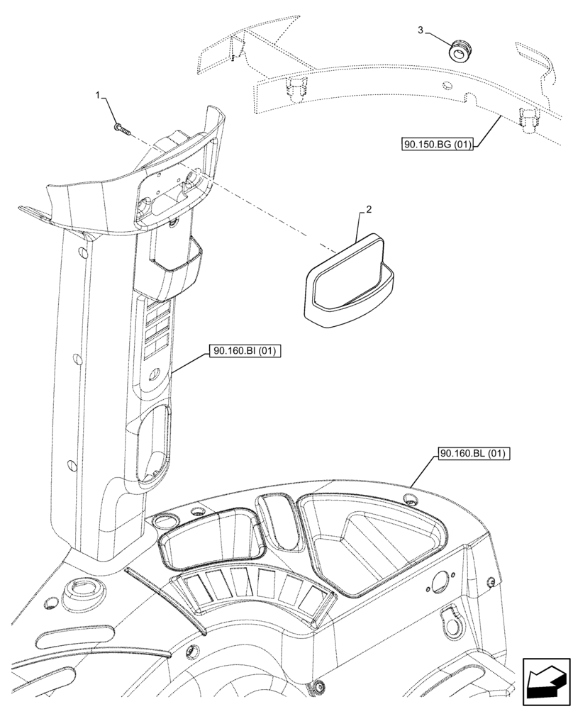 Схема запчастей Case IH FARMALL 75C - (90.160.BI[03]) - VAR - 333606, 391606, 743496 - CAB INTERIOR TRIM, PILLAR, RH, COVER (90) - PLATFORM, CAB, BODYWORK AND DECALS