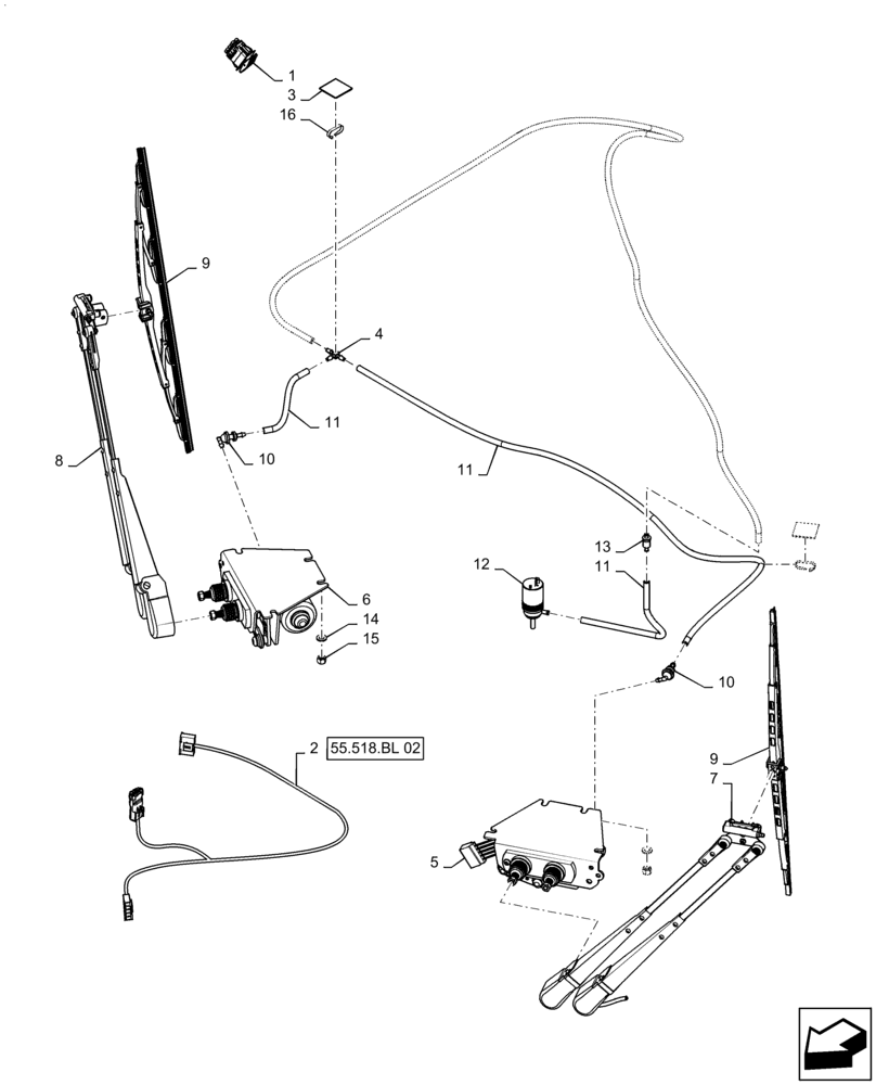 Схема запчастей Case IH QUADTRAC 540 - (55.518.AW[03]) - LOWER WINDSHIELD WIPER, LUXURY CAB (55) - ELECTRICAL SYSTEMS