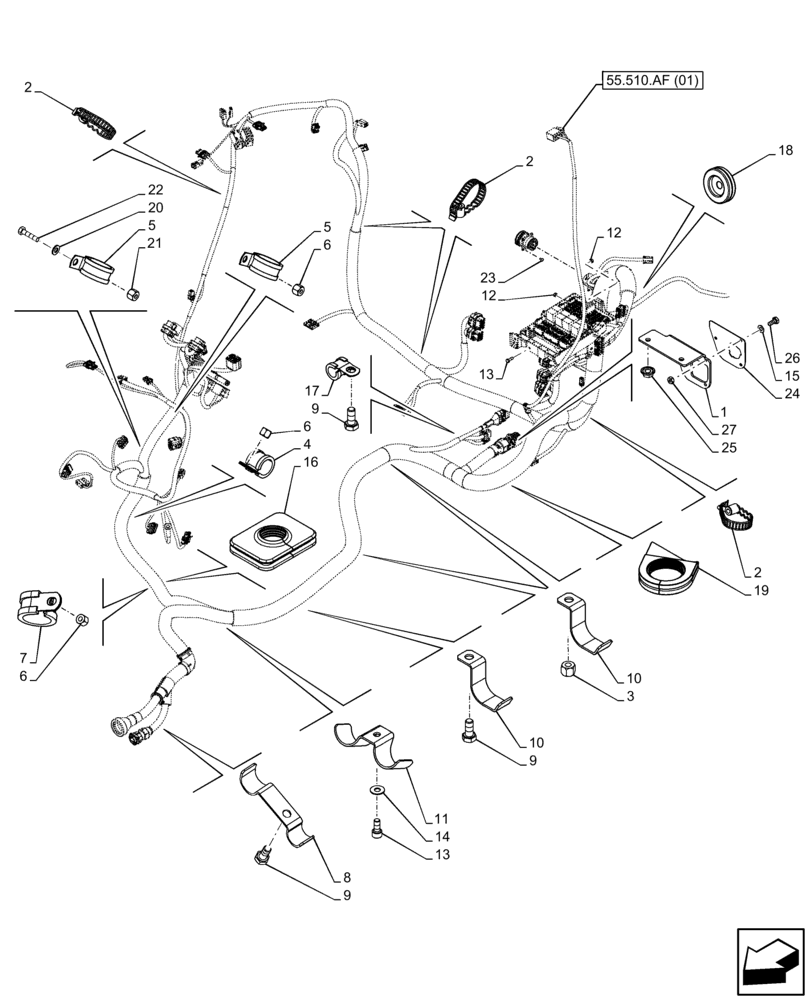 Схема запчастей Case IH FARMALL 65C - (55.510.AF[02]) - VAR - 335754, 390754 - MAIN HARNESS, BRACKET, CABLE CLIP, CAB (55) - ELECTRICAL SYSTEMS