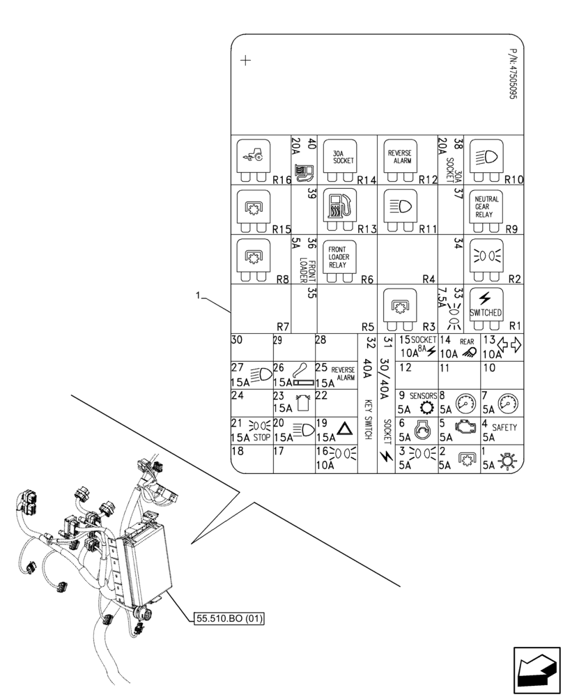 Схема запчастей Case IH FARMALL 65C - (90.108.AA[06]) - VAR - 335754, 390754 - DECALS, WIRE HARNESS, FUSE BOX, W/O CAB (90) - PLATFORM, CAB, BODYWORK AND DECALS