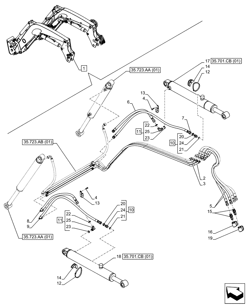 Схема запчастей Case IH FARMALL 75C - (35.701.AX[01]) - VAR - 333489, 335489, 336732, 336914 - FRONT LOADER, BOOM CYLINDER, LINES (35) - HYDRAULIC SYSTEMS