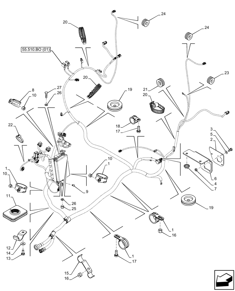 Схема запчастей Case IH FARMALL 75C - (55.510.BO[02]) - VAR - 335754, 390754 - MAIN HARNESS, BRACKET, CABLE CLIP, W/O CAB (55) - ELECTRICAL SYSTEMS