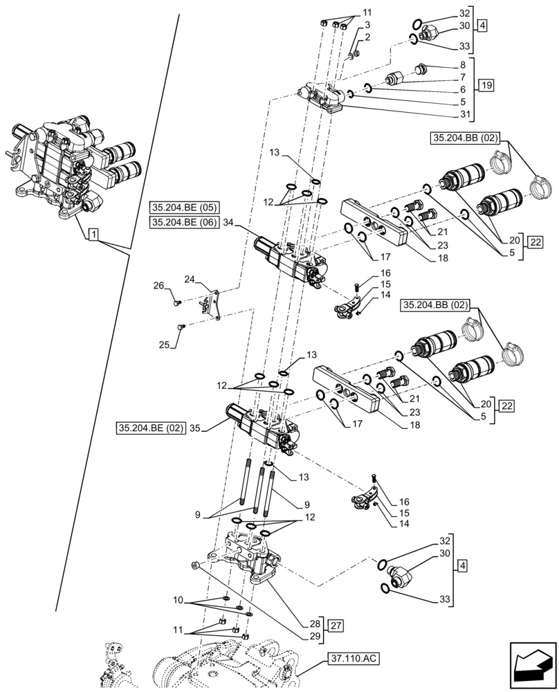 Схема запчастей Case IH FARMALL 75C - (35.204.BE[04]) - VAR - 334107, 743569 - REMOTE CONTROL VALVE (2 REMOTE, 4 COUPLERS) - END YR 09-MAY-2016 (35) - HYDRAULIC SYSTEMS