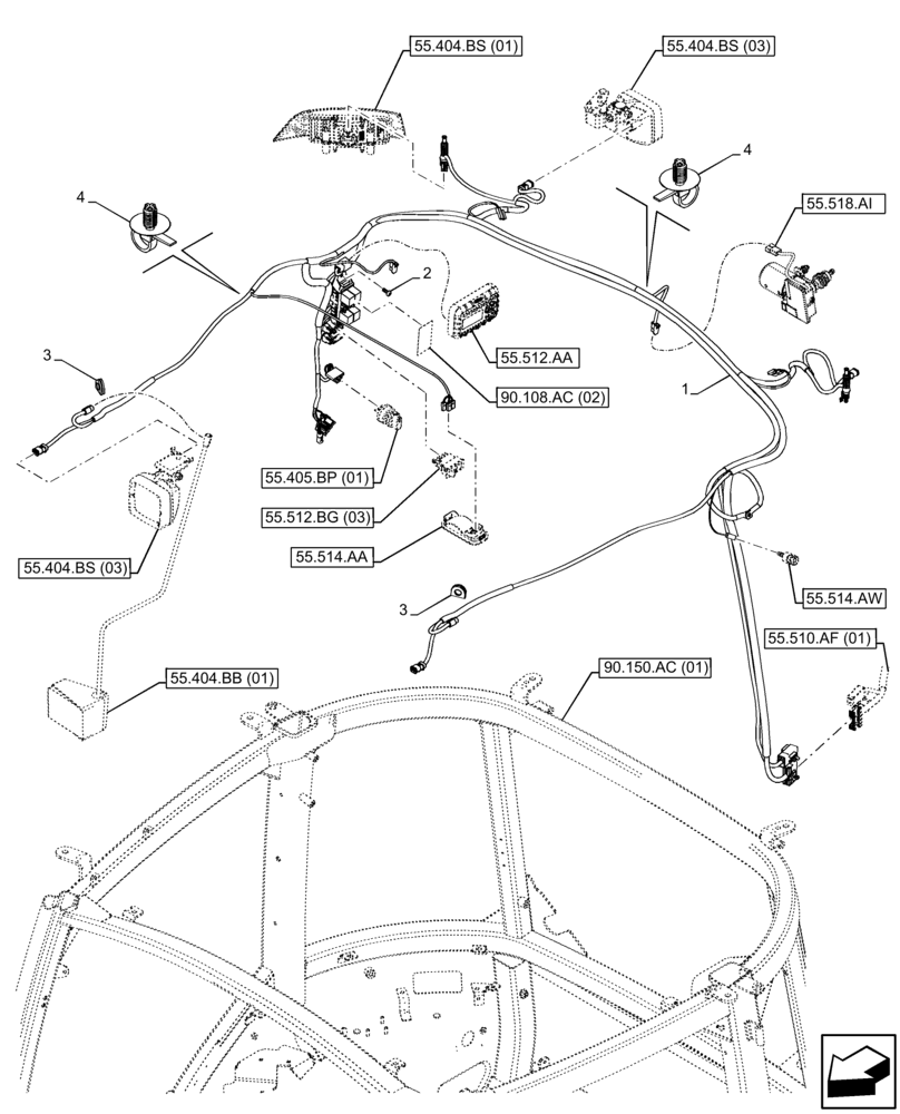 Схема запчастей Case IH FARMALL 65C - (55.510.AH) - VAR - 336754, 391754 - HARNESS, ROOF-MOUNTED, CAB (55) - ELECTRICAL SYSTEMS