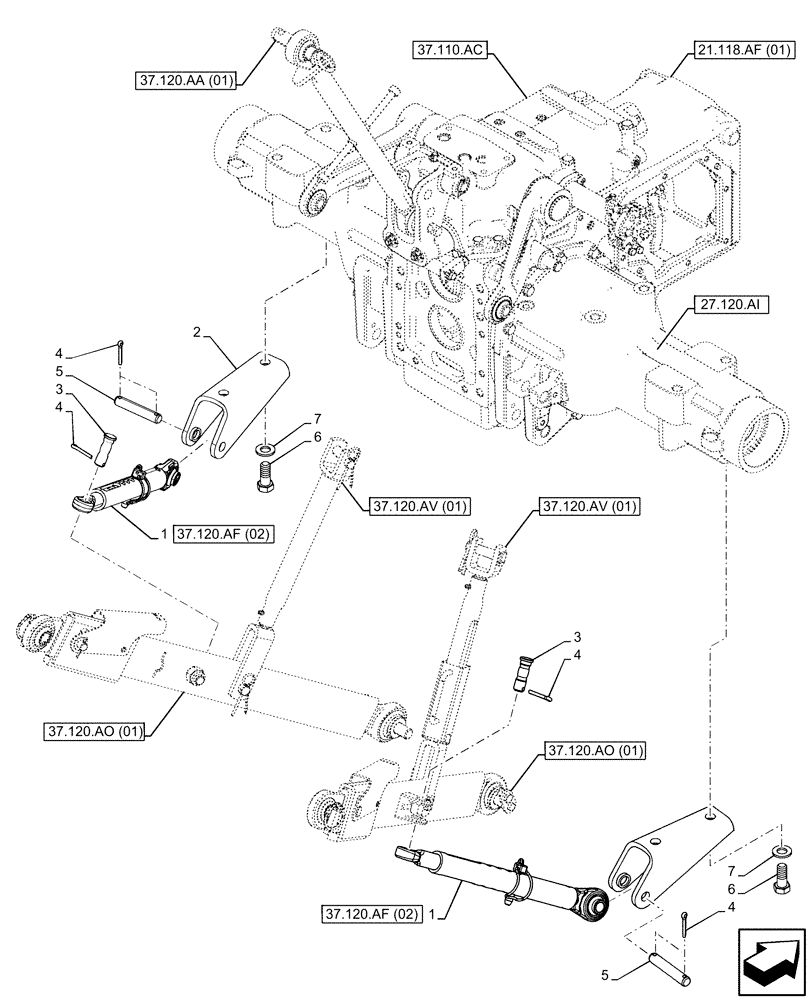 Схема запчастей Case IH FARMALL 75C - (37.120.AF[01]) - VAR - 391953, 743598 - STABILIZER CYLINDER (37) - HITCHES, DRAWBARS & IMPLEMENT COUPLINGS