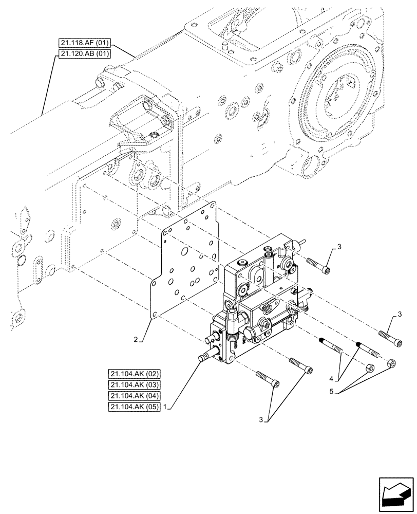 Схема запчастей Case IH FARMALL 75C - (21.104.AK[01]) - VAR - 332069, 334068 - TRANSMISSION, VALVE (POWER SHUTTLE) (21) - TRANSMISSION